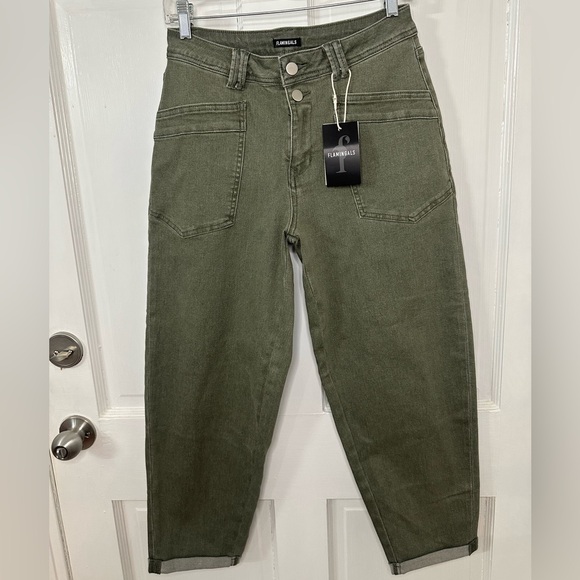 NWT Flamingals Roll Hem Stitch Detail Mid Waist Straight Leg Pants - Picture 9 of 16